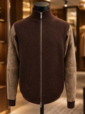 Zegna Sport 100% Wool 100% Leather Sleeves Sweater Size XL